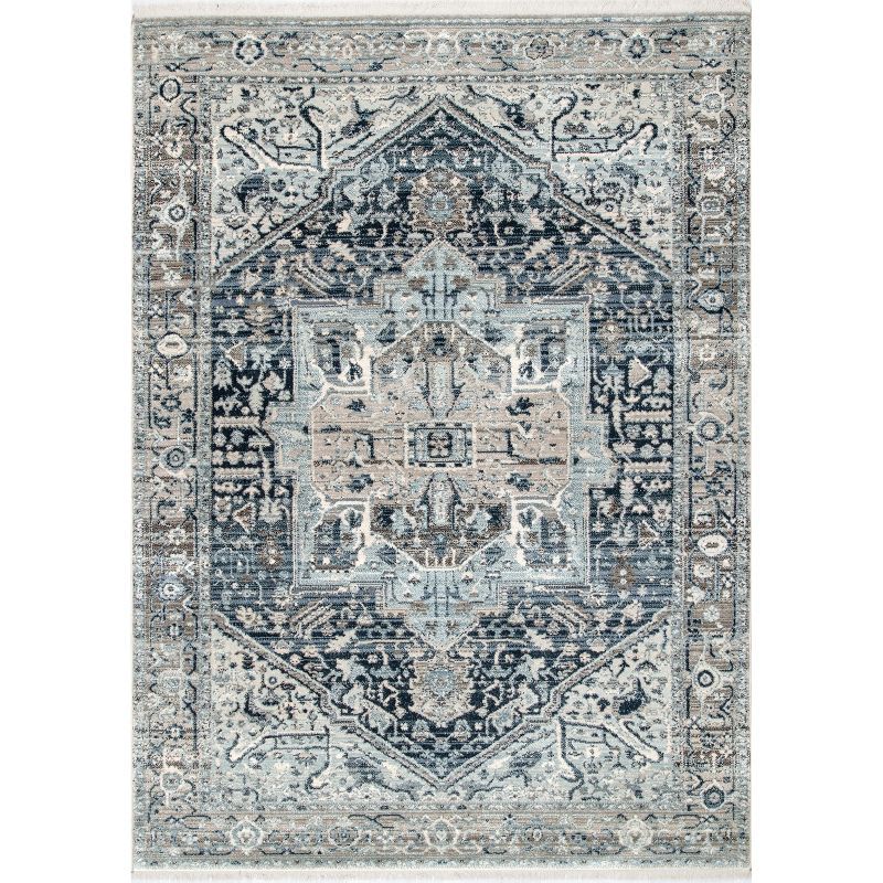 Edessa Dark Blue Medallion Fringe 5' x 7' Synthetic Area Rug