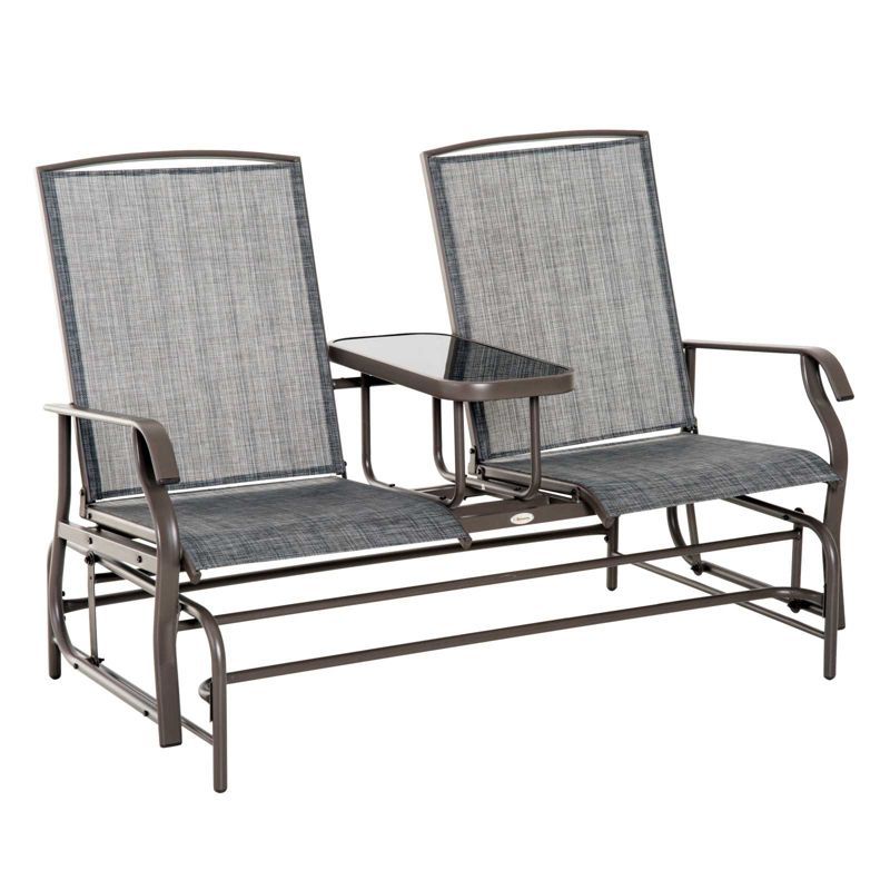 Twin Comfort Outdoor Glider Bench with Center Table, Brown and Gray