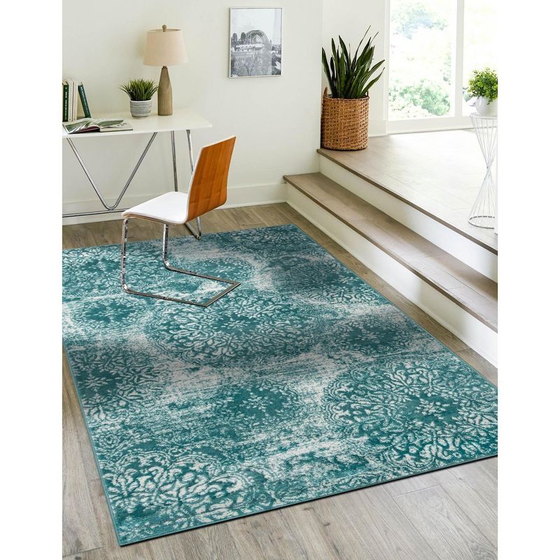 Turquoise and White Synthetic Bohemian Area Rug