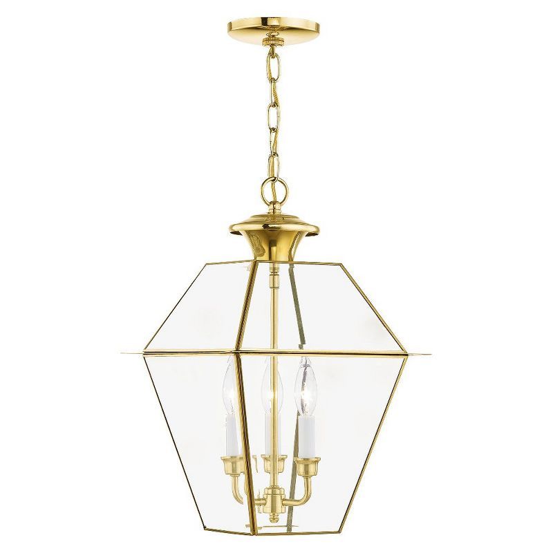 Charleston Elegance 3-Light Polished Brass Outdoor Pendant with Clear Beveled Glass