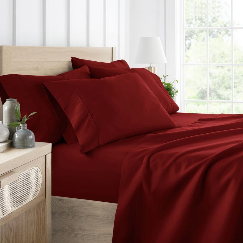 King Size Burgundy Cotton Polyester Microfiber 6-Piece Bed Sheet Set
