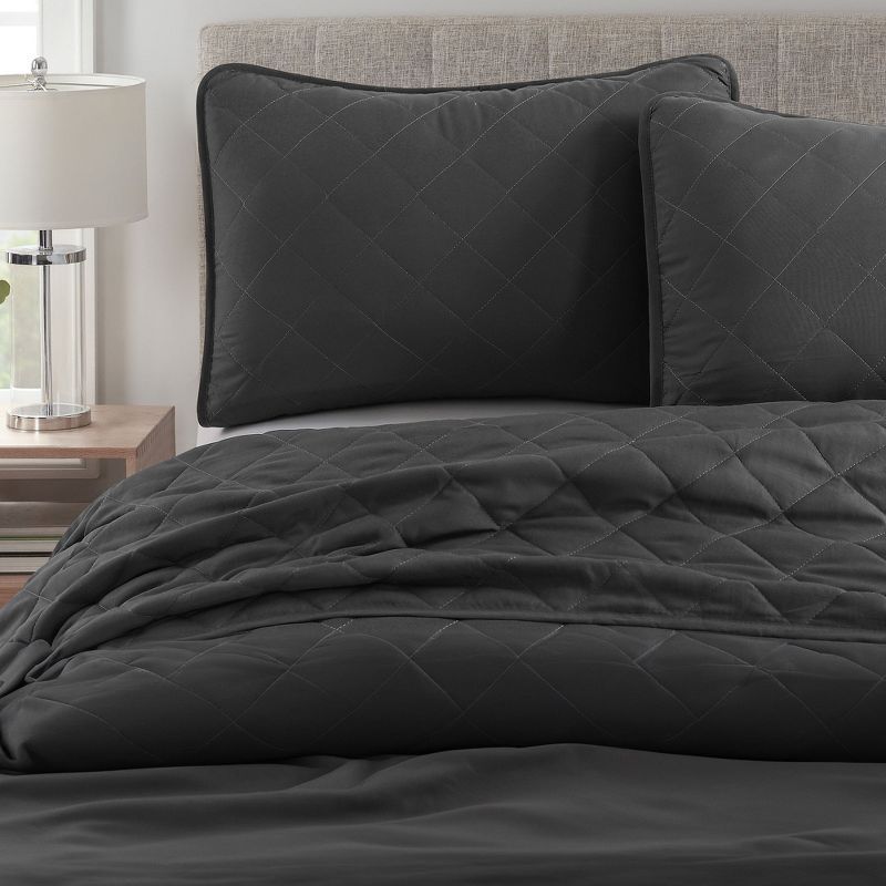 Dark Grey Microfiber Reversible Twin Quilt Set