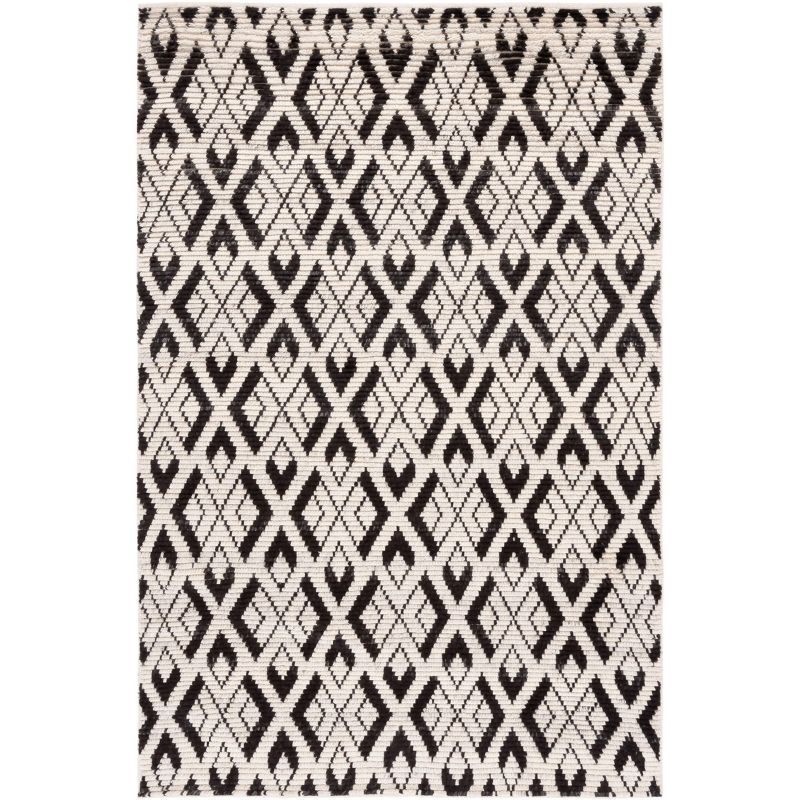 Hand-Knotted Black and Ivory Wool Area Rug, 5' x 8'