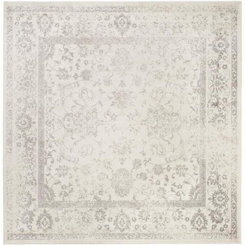 Ivory and Silver Floral Motif Square Area Rug, 12' x 12'