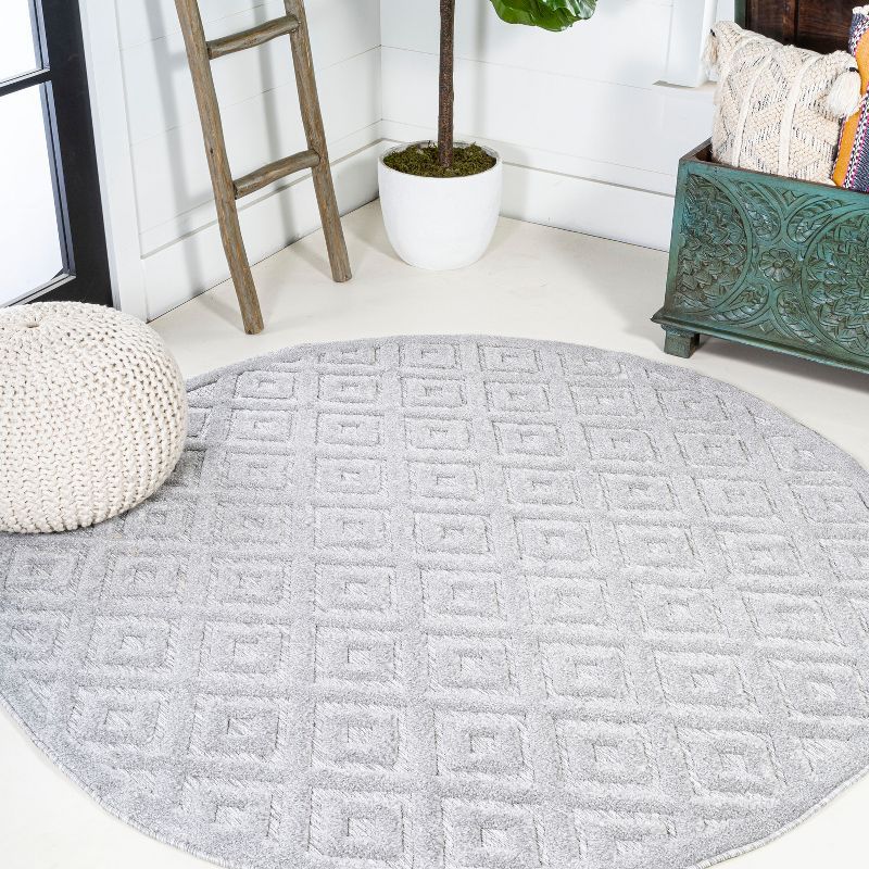 Light Gray Round Geometric Synthetic Indoor/Outdoor Rug