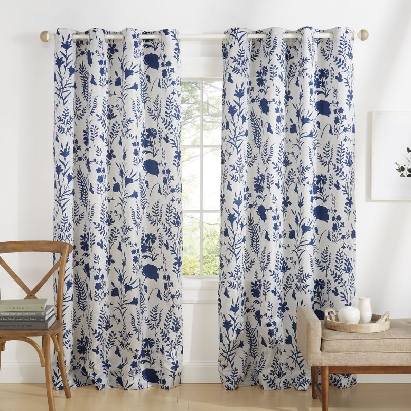 Indigo Floral Light Filtering Grommet Top Curtain Panels, 54"x84"