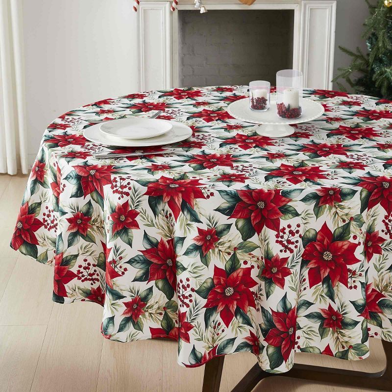 Poinsettia Red and Green Polyester Round Holiday Tablecloth