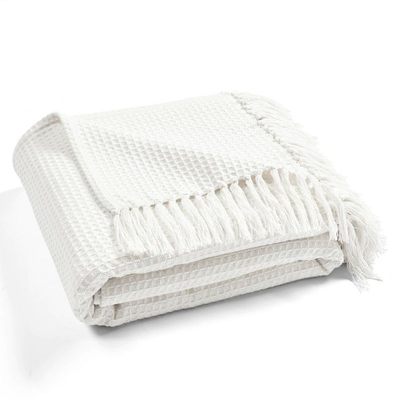 King White Cotton Waffle Knit Throw Blanket with Tassels