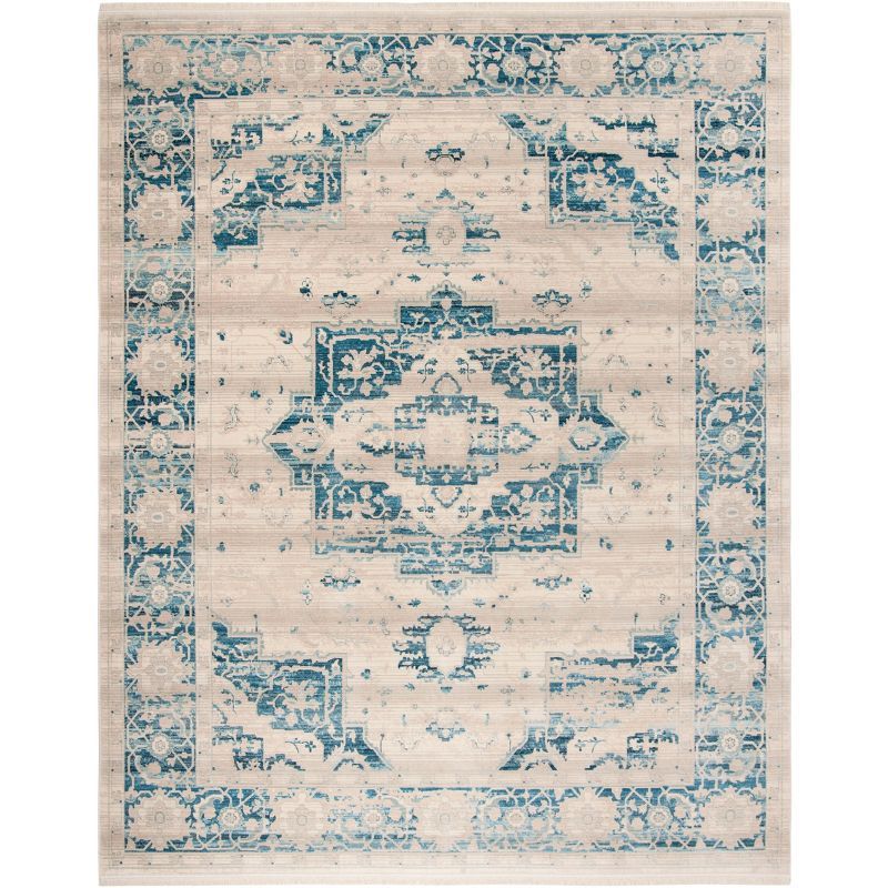 Vintage Blue and Ivory Flat Woven Wool Synthetic Area Rug 8' x 10'