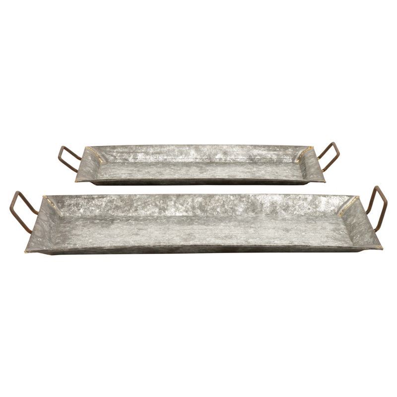 Gray Rectangular Metal Serving Tray Set with Gold Trim