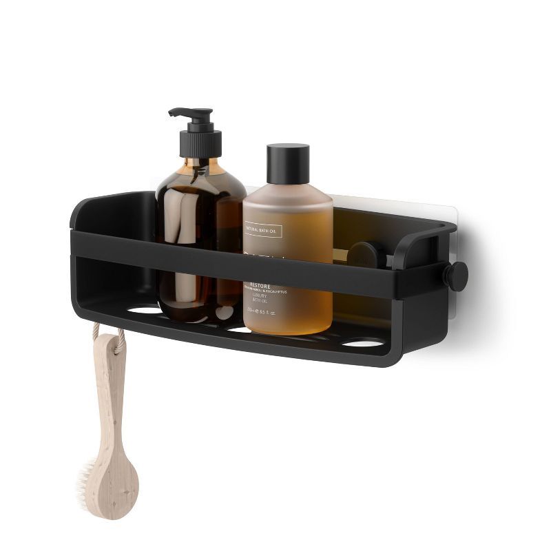 Black Plastic Suction Mount Shower Caddy with Adhesive Strips