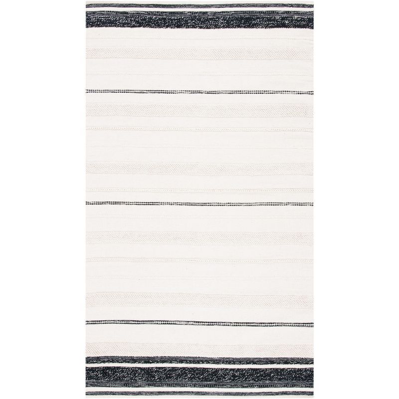 Ivory and Black Striped Kilim 3' x 5' Wool Cotton Area Rug