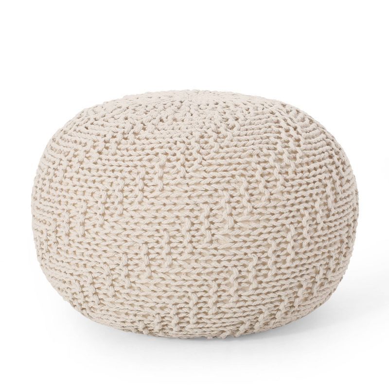 Ivory Knitted Round Pouf with Polystyrene Bead Filling