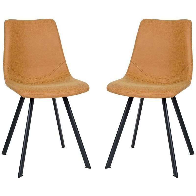 Light Brown Leather Side Chairs with Metal Legs, Set of 2