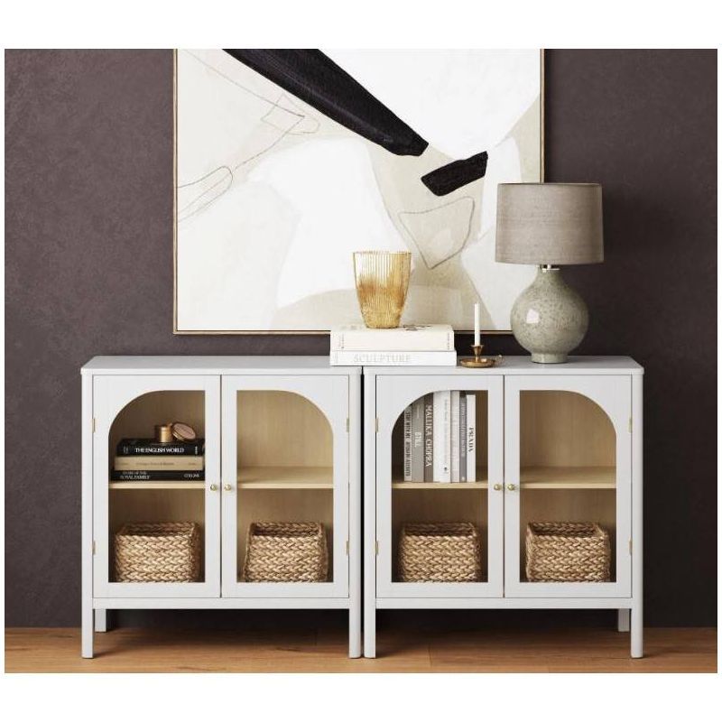 Mason Accent Sideboard Buffet with Glass Doors And Adjustable Shelves, Clear Glass/White/Light Oak, Set of 2