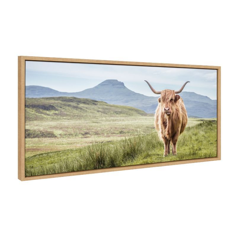 Highland Cow Mountain Landscape Canvas Print with Natural Frame