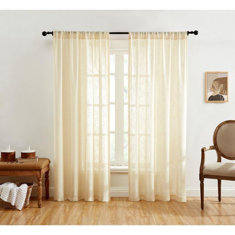Beige Faux Linen Textured Semi Sheer Rod Pocket Curtains, 54" x 63"