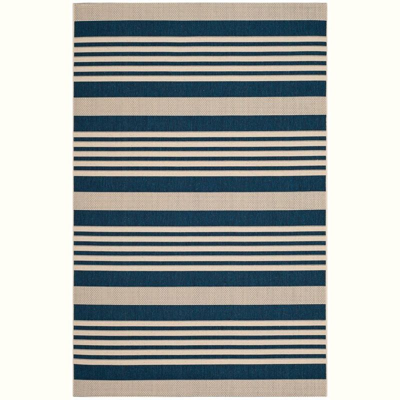 Navy and Beige Striped Synthetic Indoor/Outdoor Area Rug, 5' x 7'