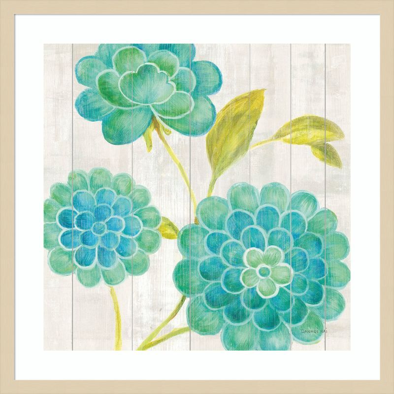 Aqua Blooms Botanical Lithograph with Wood Frame