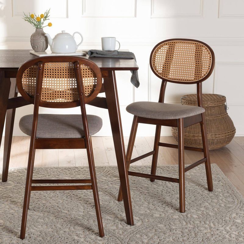 Grey Fabric and Walnut Brown Wood 2-Piece Counter Stool Set