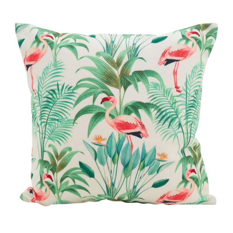 Tropical Flamingo and Green Leaves Poly Filled Throw Pillow