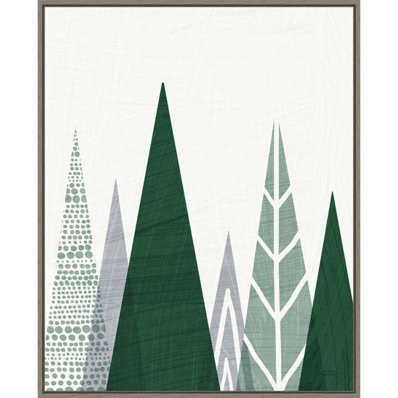 Geometric Evergreen Trees Green and Gray Framed Canvas Wall Art