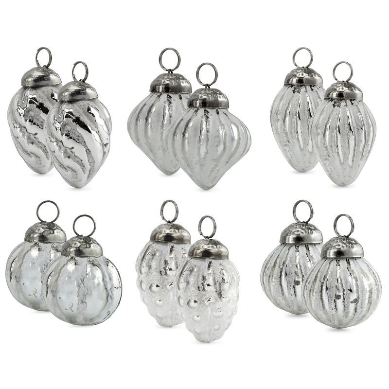 Distressed Silver and White Glass Finial Ornaments Set of 12