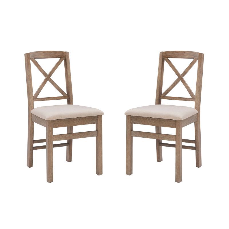 Graywash Linen Upholstered Cross Back Wooden Side Chair Set