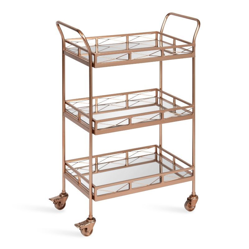 Elegant Rose Gold Metal Bar Cart with Mirrored Tiers and Locking Wheels