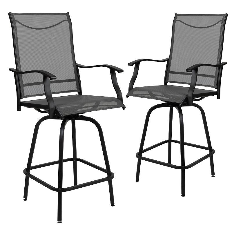 Gray Mesh and Black Steel Swivel Dining Chairs with Cushions