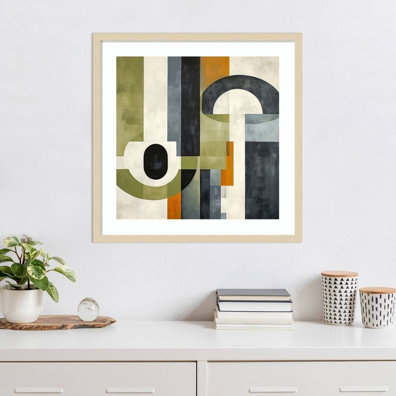 Sage Green Midcentury Abstract Graphic Art Print with Natural Frame