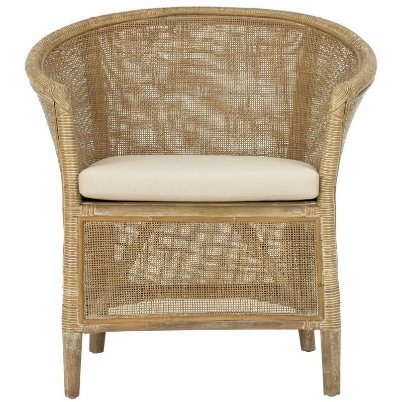 Transitional Whitewashed Rattan Armchair with Off-White Linen Cushion