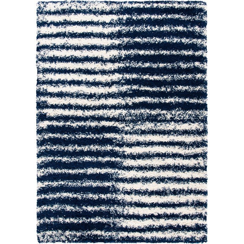 Navy and Ivory Striped Round Shag Area Rug, 8' x 10'