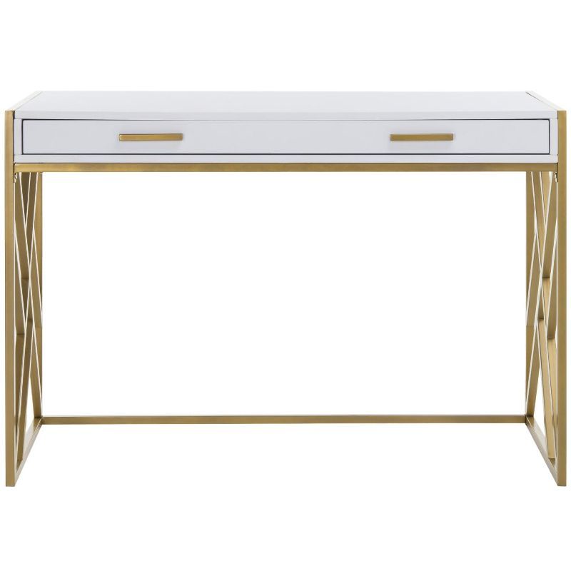 Transitional White and Gold Home Office Desk with Dual Drawers