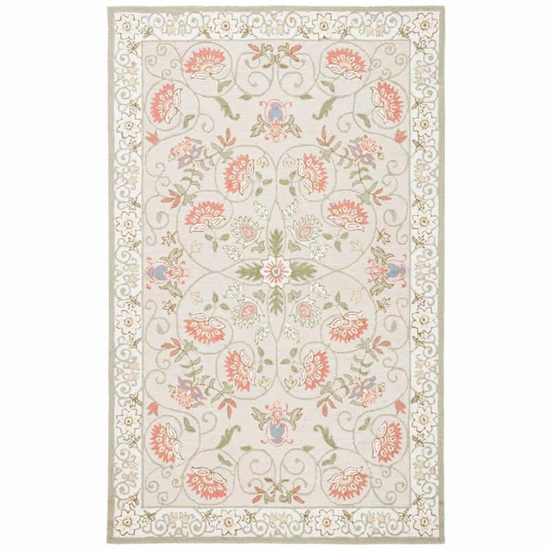 Chelsea Beige and Green Hand-Knotted Wool Floral Rug