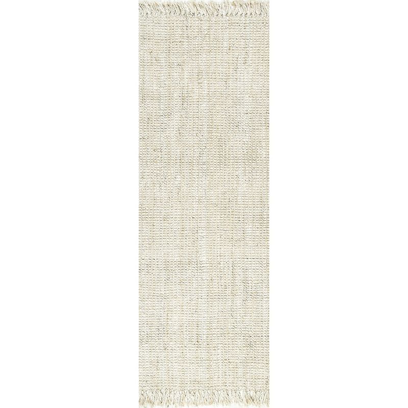 Handmade Bleach White Jute Runner Rug with Braided Tassels