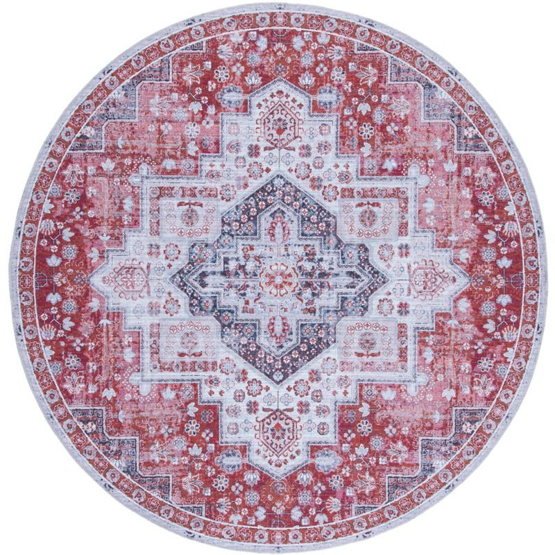 Rust and Ivory Round Washable Viscose Area Rug