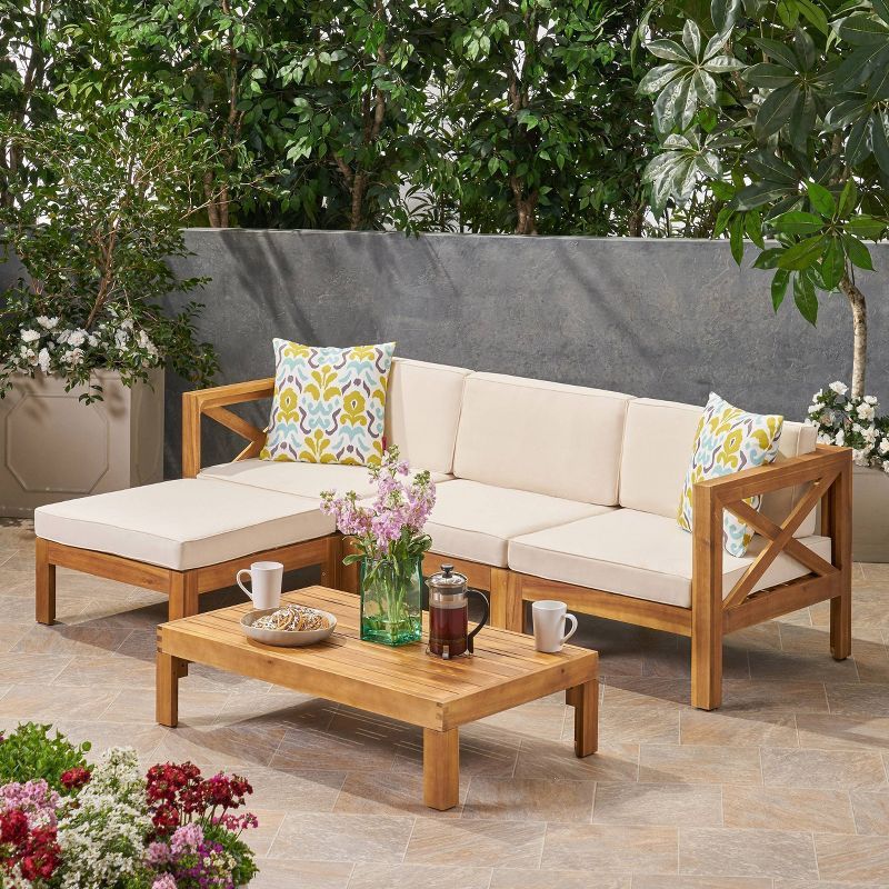 Teak and Beige Acacia Wood 3-Seater Outdoor Sofa Set with Ottoman