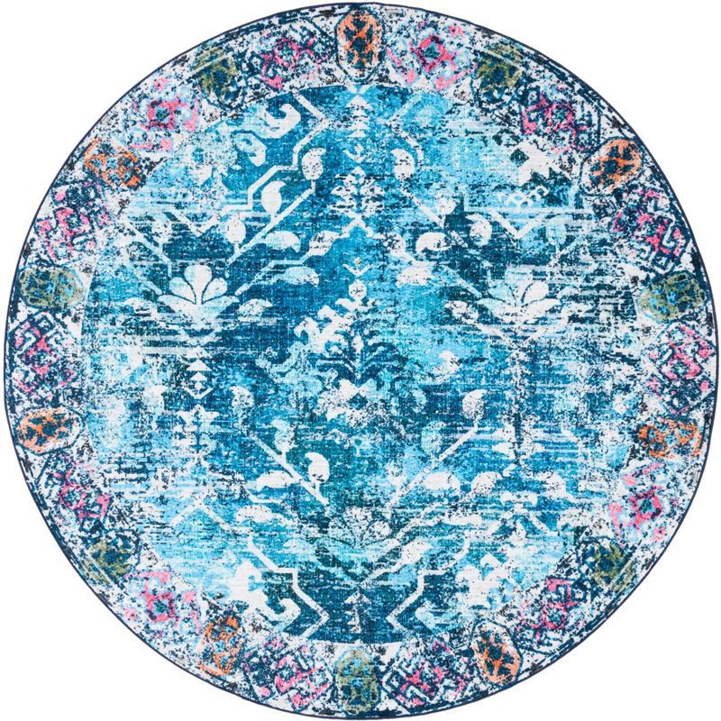 Navy and Light Blue Round Synthetic Washable Area Rug