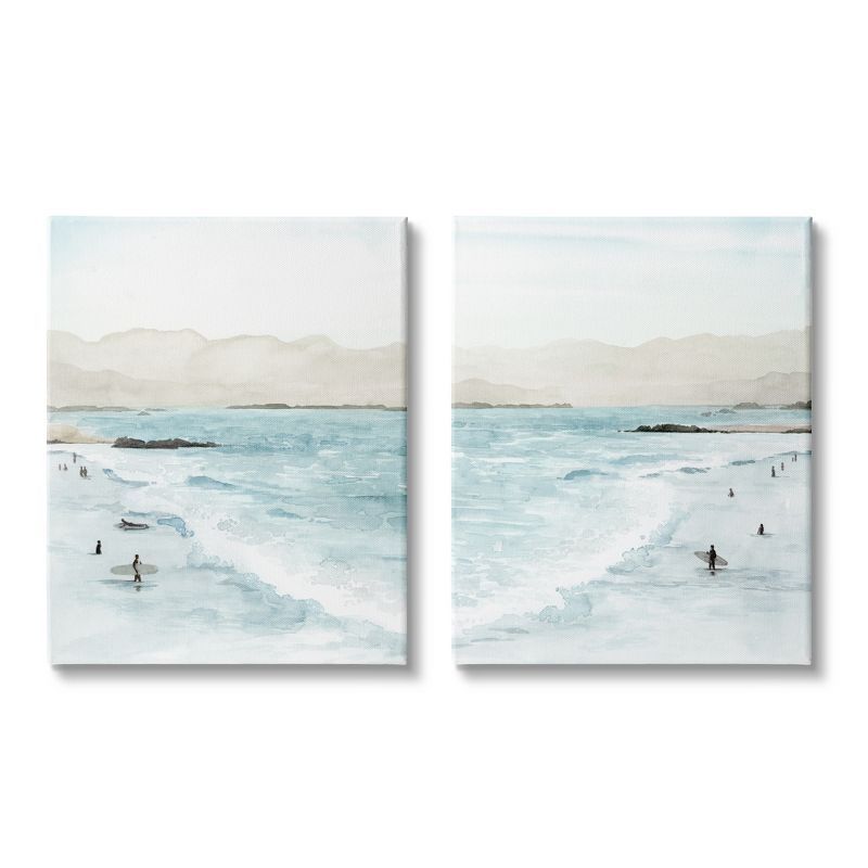 Coastal Surfers High Tide Blue Canvas Wall Art Set