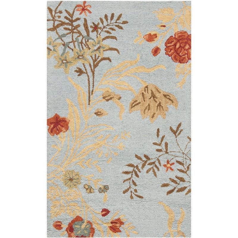 Blue Floral Hand-Knotted Wool Area Rug, 3' x 5'