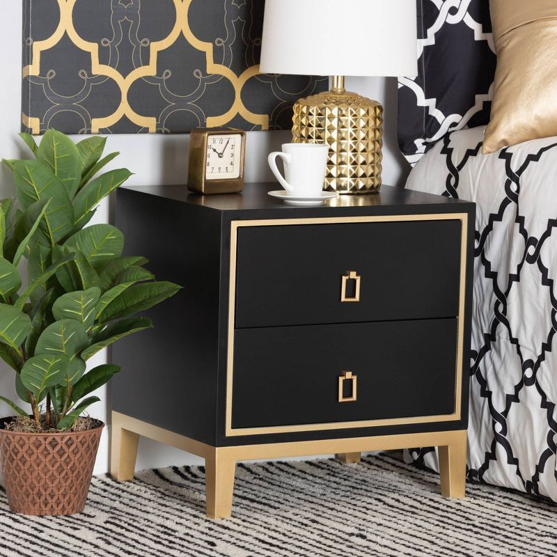 Donald Black and Gold Wood Metal 2-Drawer End Table