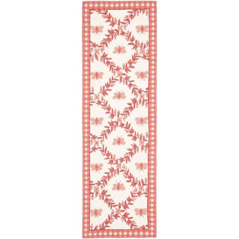 Ivory and Rose Floral Hand-Knotted Wool Runner Rug