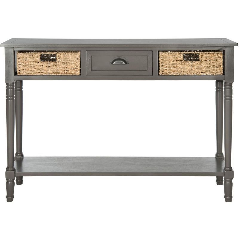 Gray Transitional Wood Console Table with Wicker Storage