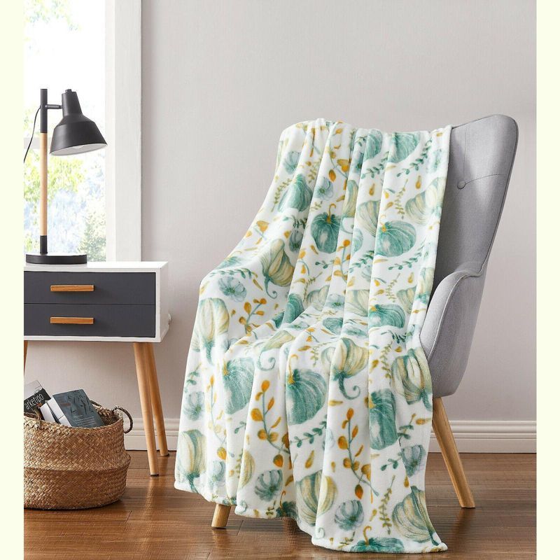 Teal and White Halloween Harvest Pumpkins Oversized Blanket Throw