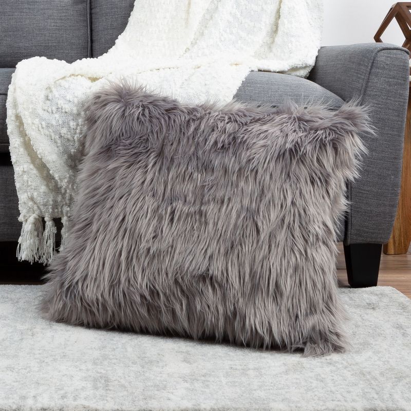 Gray 23" Himalayan Faux Fur Square Accent Pillow Set