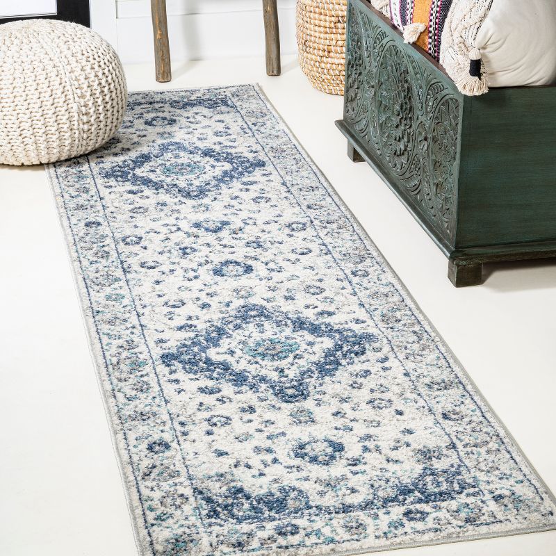 French Country Blues Medallion 2x8 Runner Rug in Synthetic Weave