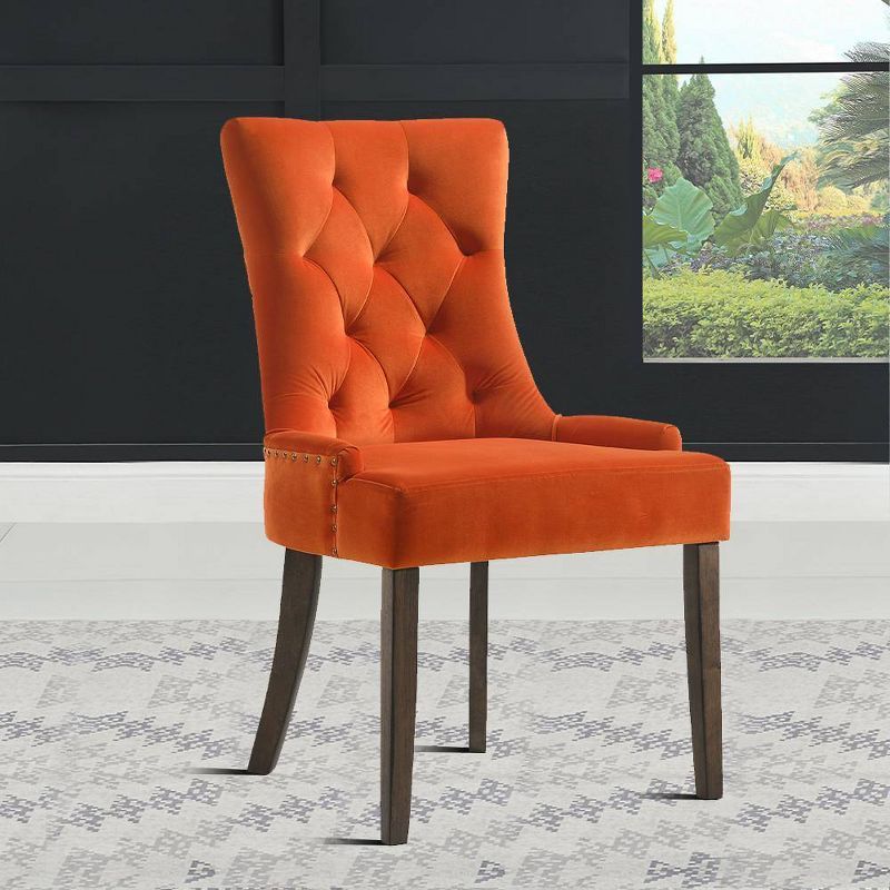 High-Backed Farren Side Chair in Orange Velvet and Espresso Wood