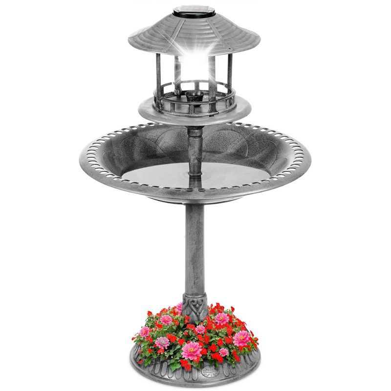 Stone Solar-Powered Bird Bath with Planter Base and Lamp