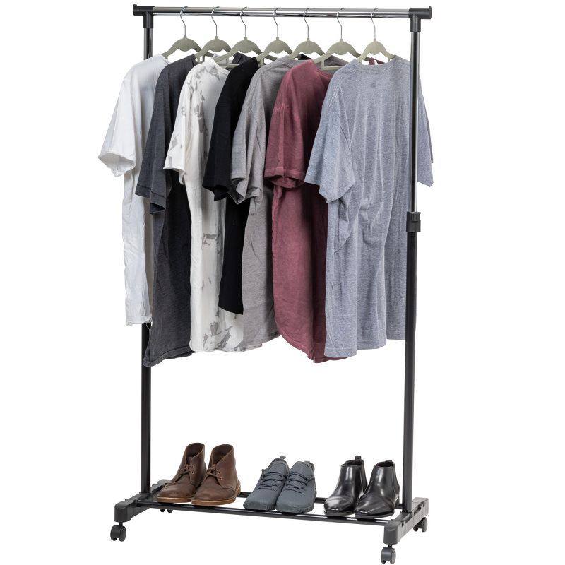 Adjustable Black Metal Single Rod Garment Rack with Wheels